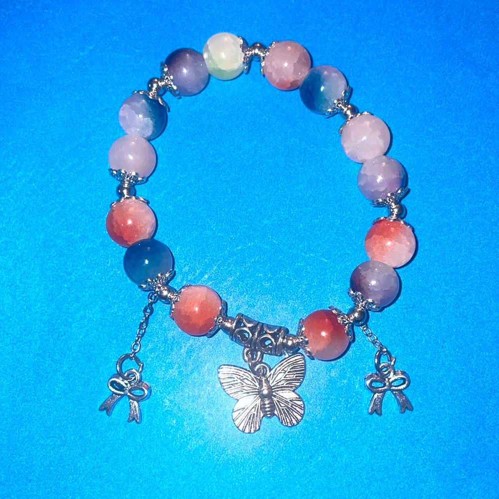 Multi-Colored Beaded Butterfly and Bow Charm Bracelet